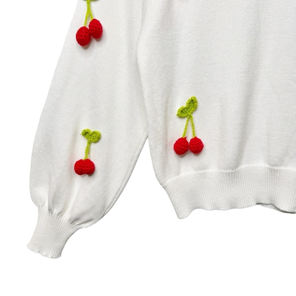 NEW On Twelfth White 3D Cherry Women’s Crew Balloon Sleeve Sweater Sz S - Picture 6 of 11